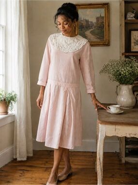 Vintage Ambria Pink Linen Blend Cottagecore Midi Dress Lace Collar 12 Medium